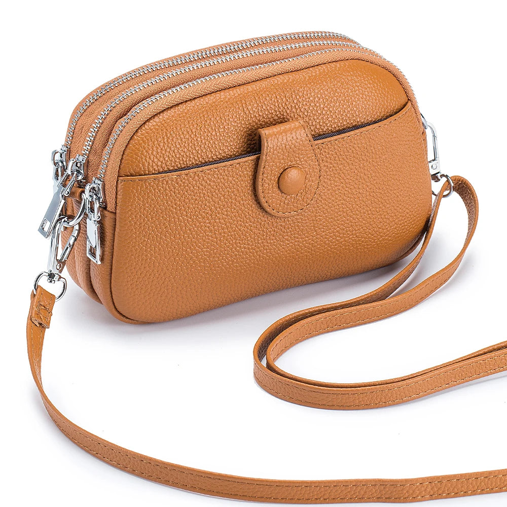 Real Leather Women’s Shoulder Bag - Mini Crossbody Purse with Three Zipper Pockets