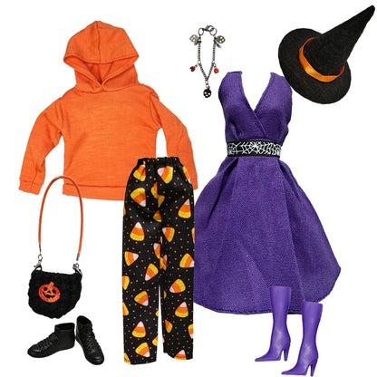 1/6 Doll Halloween Cosplay Outfit – Witch Dress, Cap, Belt, Bag & Broom for 12" BJD / 30cm Dolls