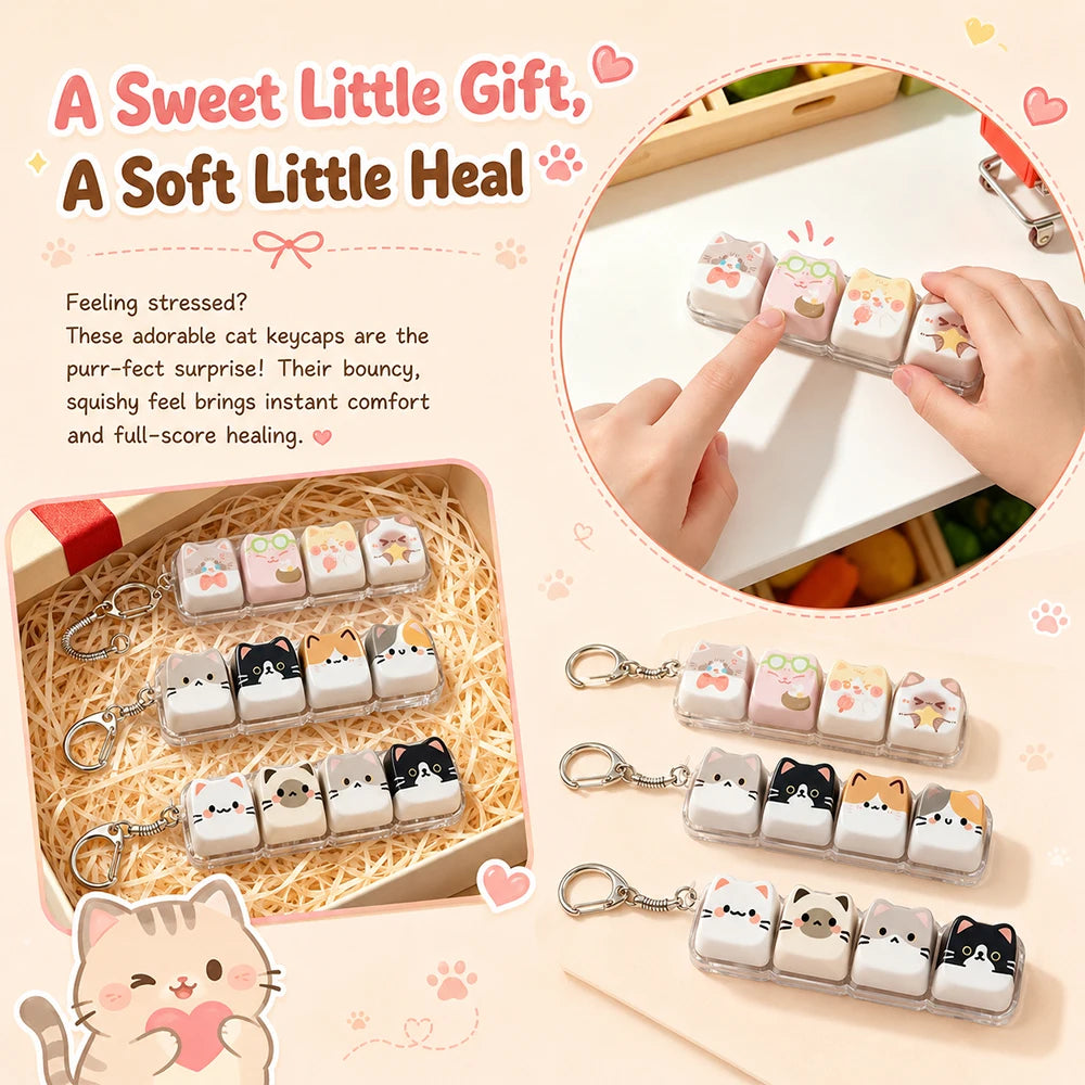 Cute Cat Relax Keycap Fidget Toy - Kawaii 4-Key Keyboard Keychain & Bag Charm Gift