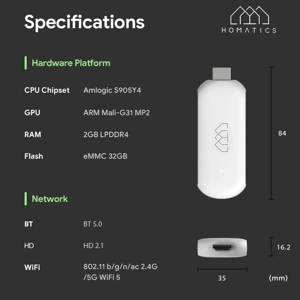 HOMATICS 4K TV Stick – Google Certified, Netflix, 2GB RAM, 32GB ROM, Dolby Atmos, Amlogic S905Y4, WiFi Streaming Box