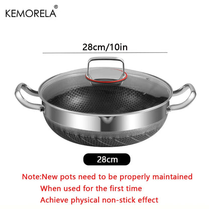 Stainless Steel Frying & Soup Pot Combo - Non-Stick Honeycomb Bottom with Lid, Suitable for Induction & Gas Stoves, Available in 26cm, 28cm, 30cm