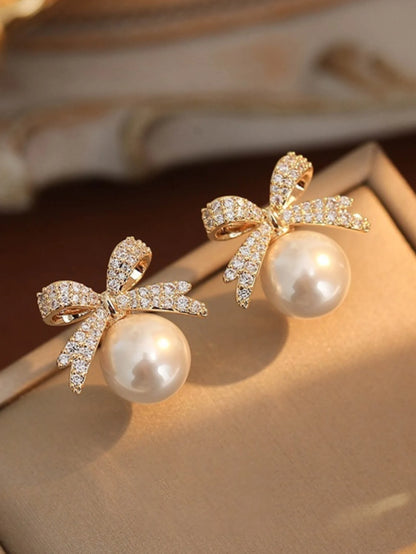 Women’s Silver Bow Earrings with Diamond Pearl – Fashionable High-End Studs