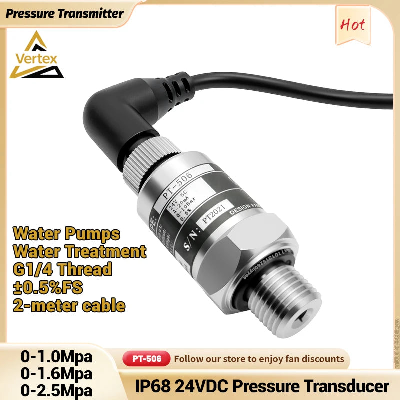 PT506 Pressure Transducer - 0–1/1.6/2.5MPa IP68 Water Pump Sensor, DC24V, G1/4, 4–20mA