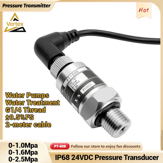 PT506 Pressure Transducer - 0–1/1.6/2.5MPa IP68 Water Pump Sensor, DC24V, G1/4, 4–20mA