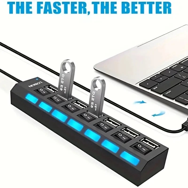 High-Speed USB 2.0 Hub with 4 or 7 Ports - Multi-USB Splitter with LED Indicator and Individual Switches for PC and Laptop