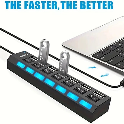 High-Speed USB 2.0 Hub with 4 or 7 Ports - Multi-USB Splitter with LED Indicator and Individual Switches for PC and Laptop