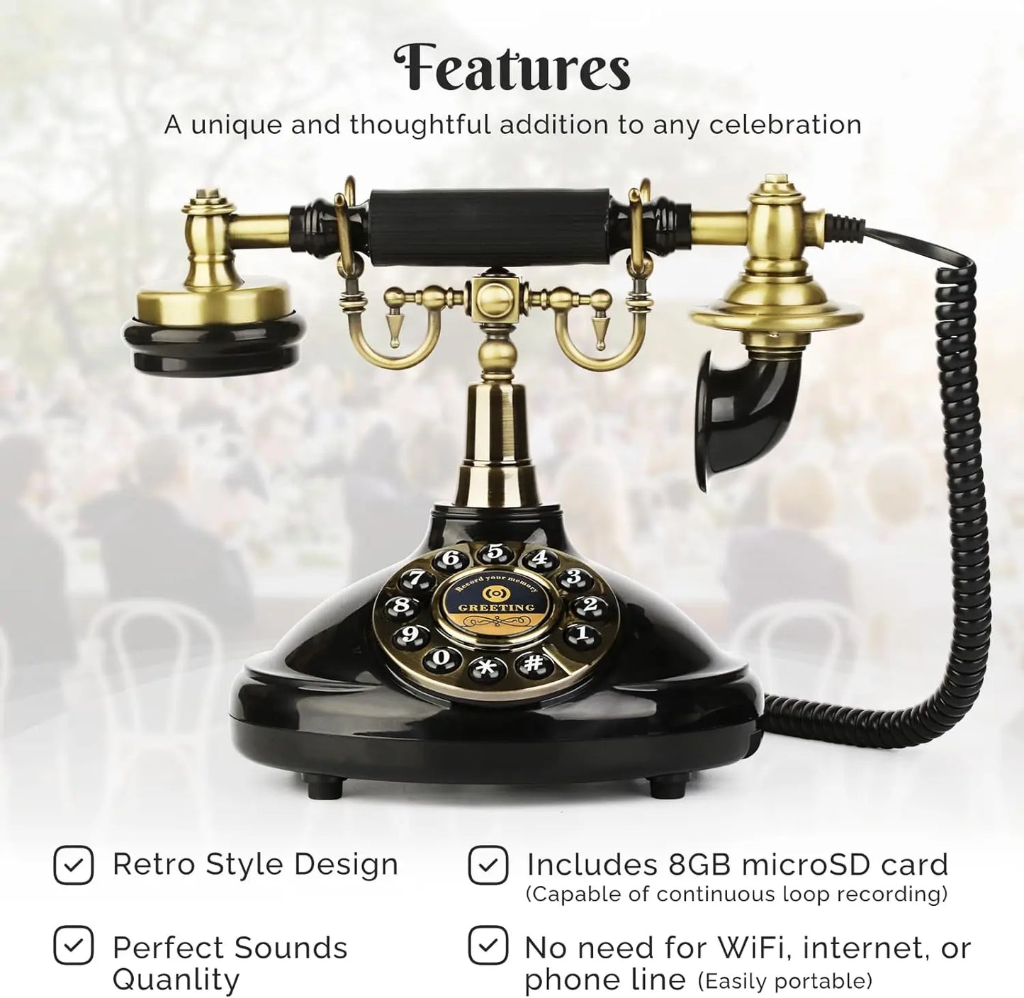 Vintage-Style Audio Guest Book Phone - Voicemail Recorder for Weddings, Graduations, Retirements, Birthdays & Baby Showers