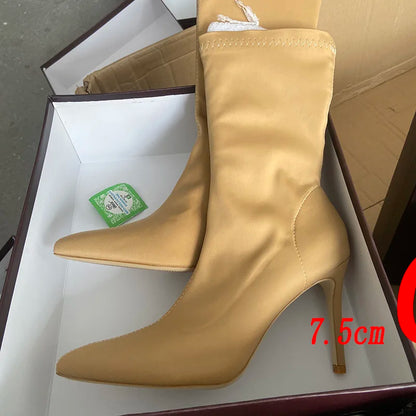 Women’s Satin Sock Ankle Boots - 7.5cm & 10cm High Heels Pointed Toe Winter Fashion Boots