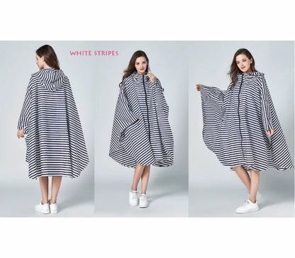 Women's Fashionable Waterproof Rain Poncho - Colorful Print, Hooded with Zipper, Stylish Raincoat