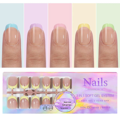 150PCS Press On Fake Nails - 6 Color Multi-Size Almond Acrylic Nails with French Style Removable Design