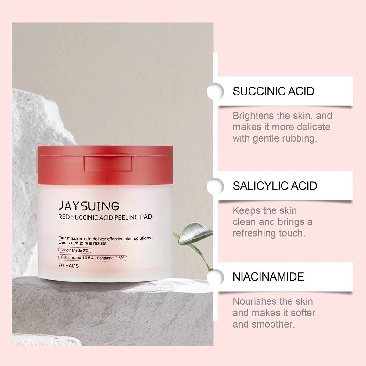 70-Piece Red Succinic Acid Peeling Pads - Gentle Exfoliating & Moisturizing Facial Pads with Panthenol