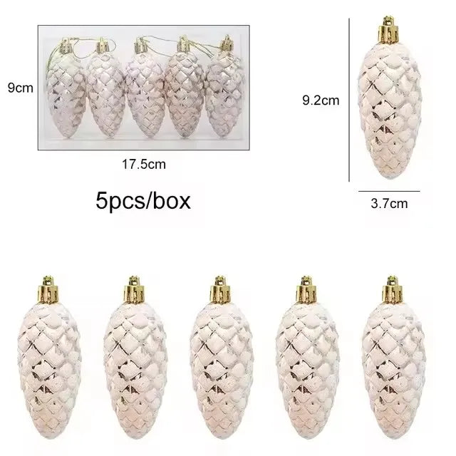 5-Piece Christmas Pine Cone Ball Ornaments 2024/2025 – Painted Hanging Pendants for Tree Decoration & Holiday Home Gift