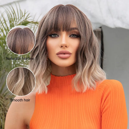 Women’s Grey Wavy Bob Wig with Bangs — Short Blonde Ombre Synthetic Hair with Dark Roots for Daily Wear