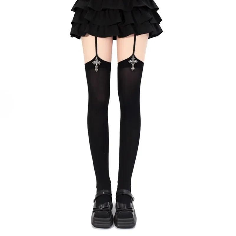 Women's Thigh-High Stockings - Solid Color Gothic Cross Suspender Socks for Lolita, Cosplay & Anime Styles