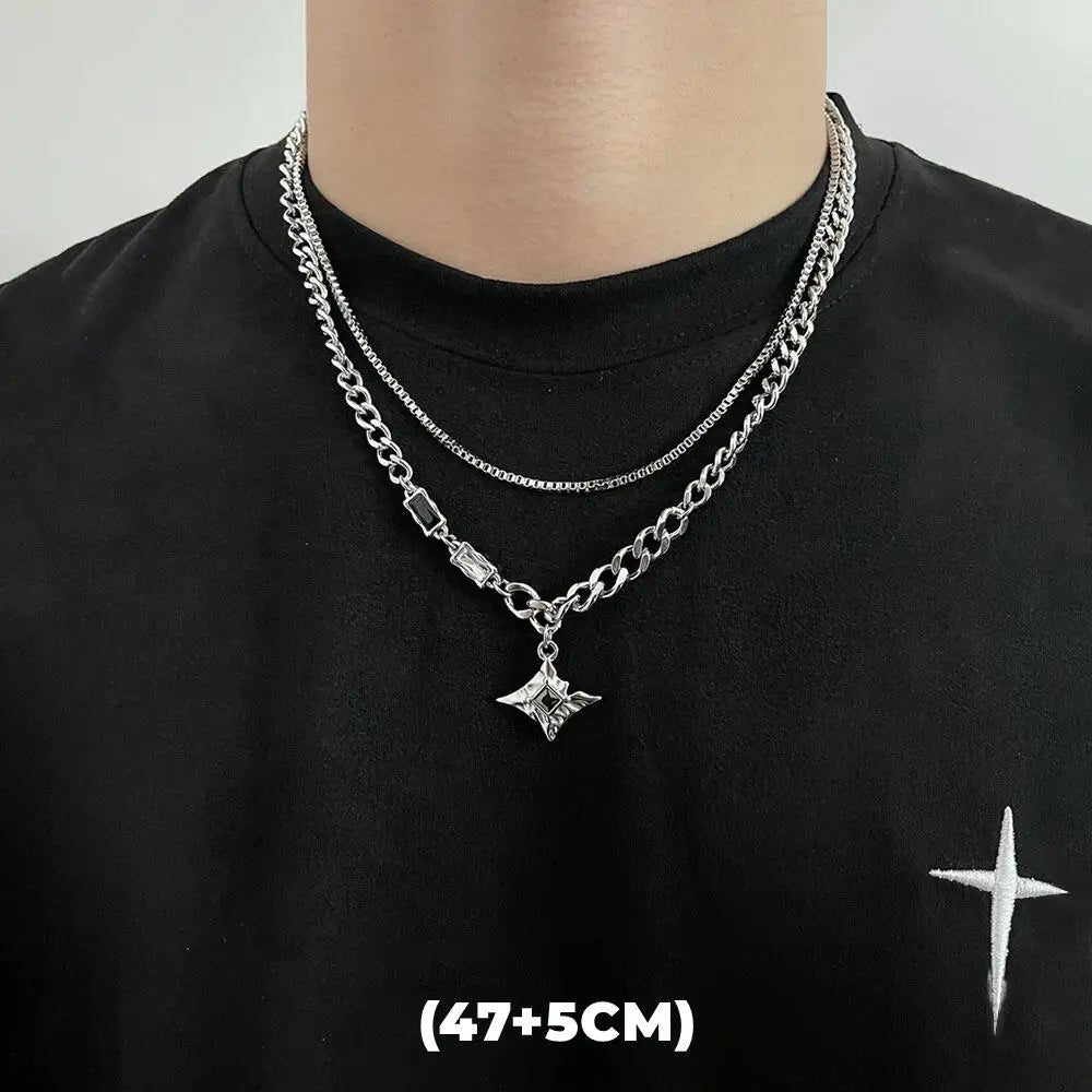 Hip Hop Zircon Star Double Layer Necklace - Titanium Steel Pendant Chain for Men & Women, Unisex Trendy Jewelry