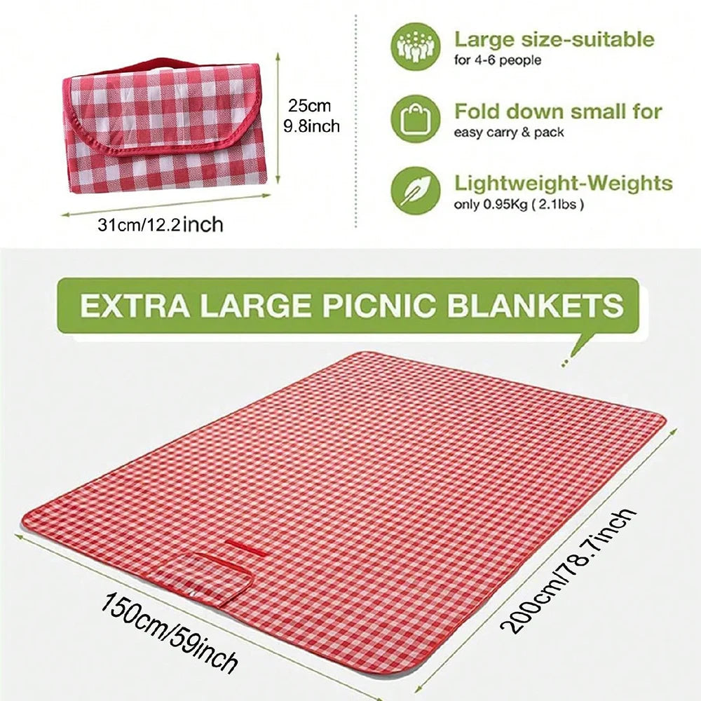 Red Checkered Picnic Blanket 150x200cm – Lightweight, Washable Beach Mat with Handle for Outdoor Camping & Travel