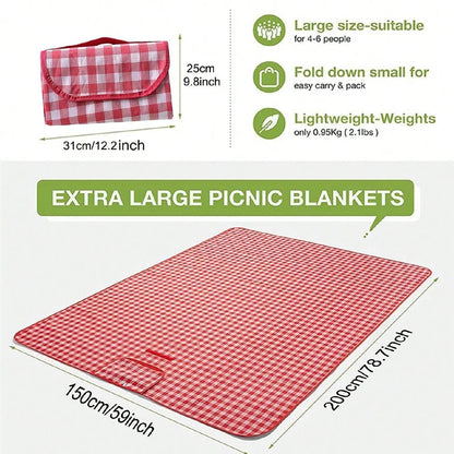 Red Checkered Picnic Blanket 150x200cm – Lightweight, Washable Beach Mat with Handle for Outdoor Camping & Travel