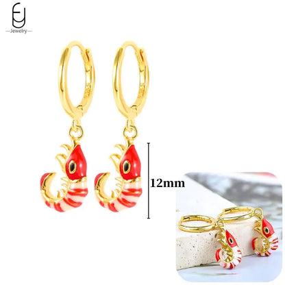 925 Sterling Silver Earrings for Women – Cute Starfish & Shrimp Pendant, Red Chili & Star Enamel Gold Fashion Jewelry