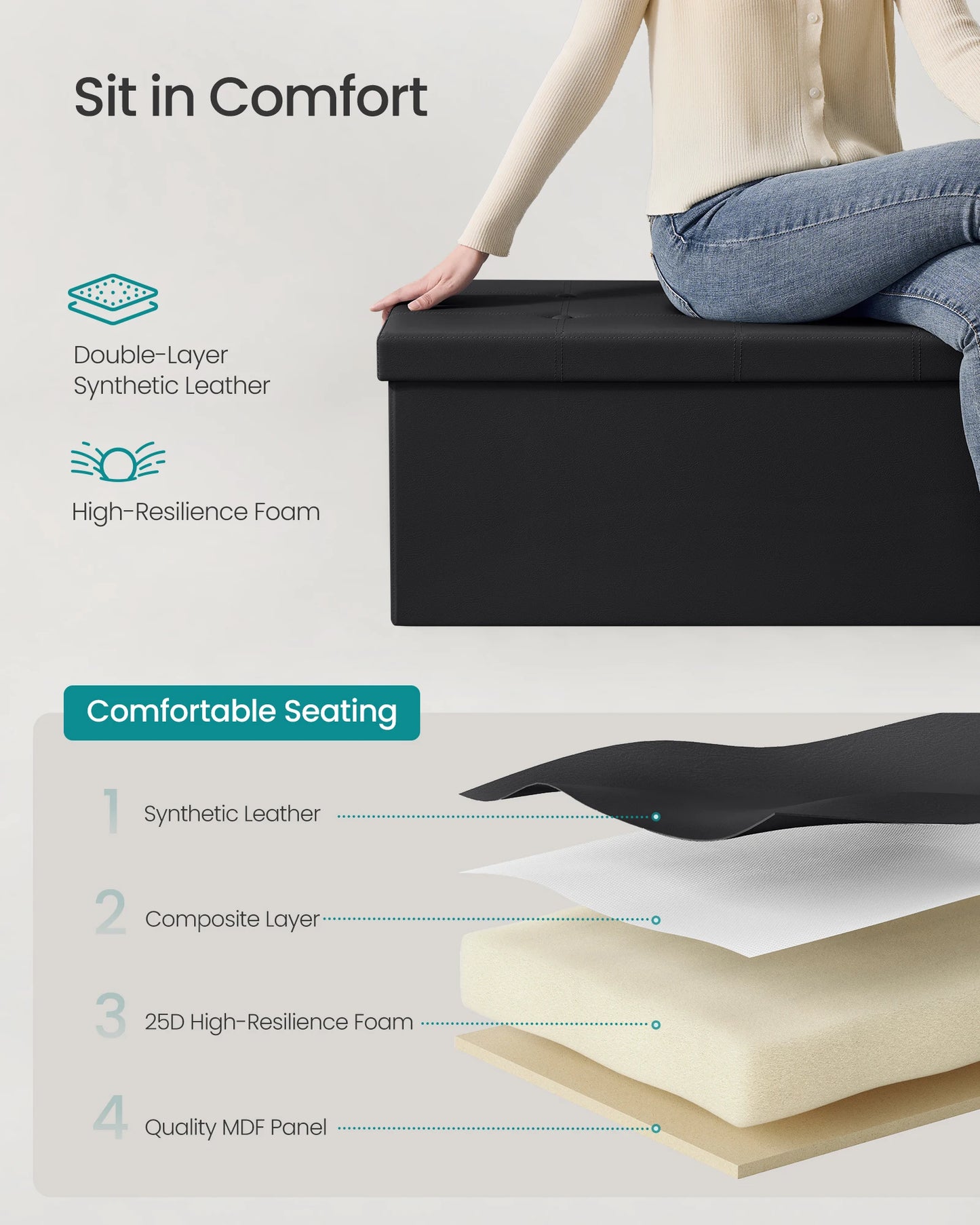 SONGMICS 43-Inch Folding Storage Ottoman Bench – Faux Leather Padded Seat, Storage Chest, Footrest & Coffee Table