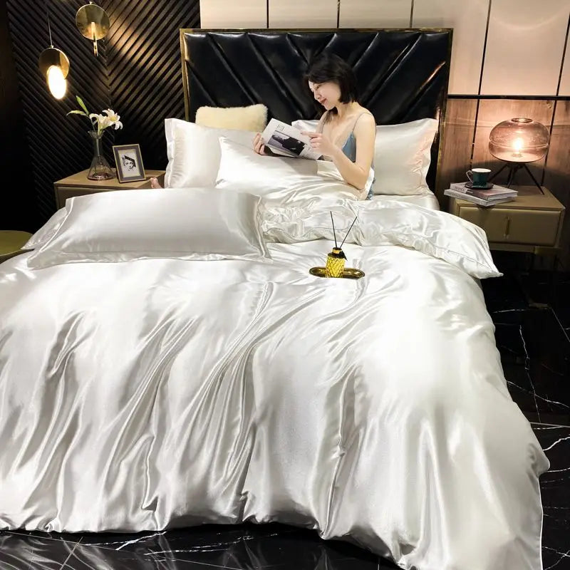 Solid Rayon Silk Bedding Set - Luxury Satin Duvet Cover Bed Sheet Pillowcase Set For King Single Double Couple Beds