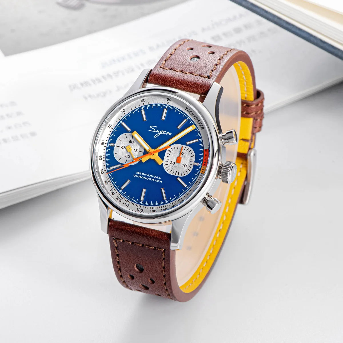 Sugess Pilot Men’s Chronograph Watch — Original ST1901 Mechanical Movement, Sapphire Crystal, Waterproof Racing Strap