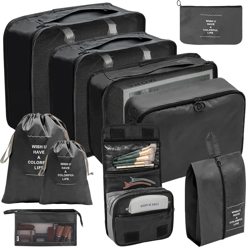 7/8/9/10-Piece Travel Organizer Storage Bags Set - Portable Wardrobe Packing Cubes for Suitcase, Luggage, Clothes, Shoes, Pouch Foldable Design