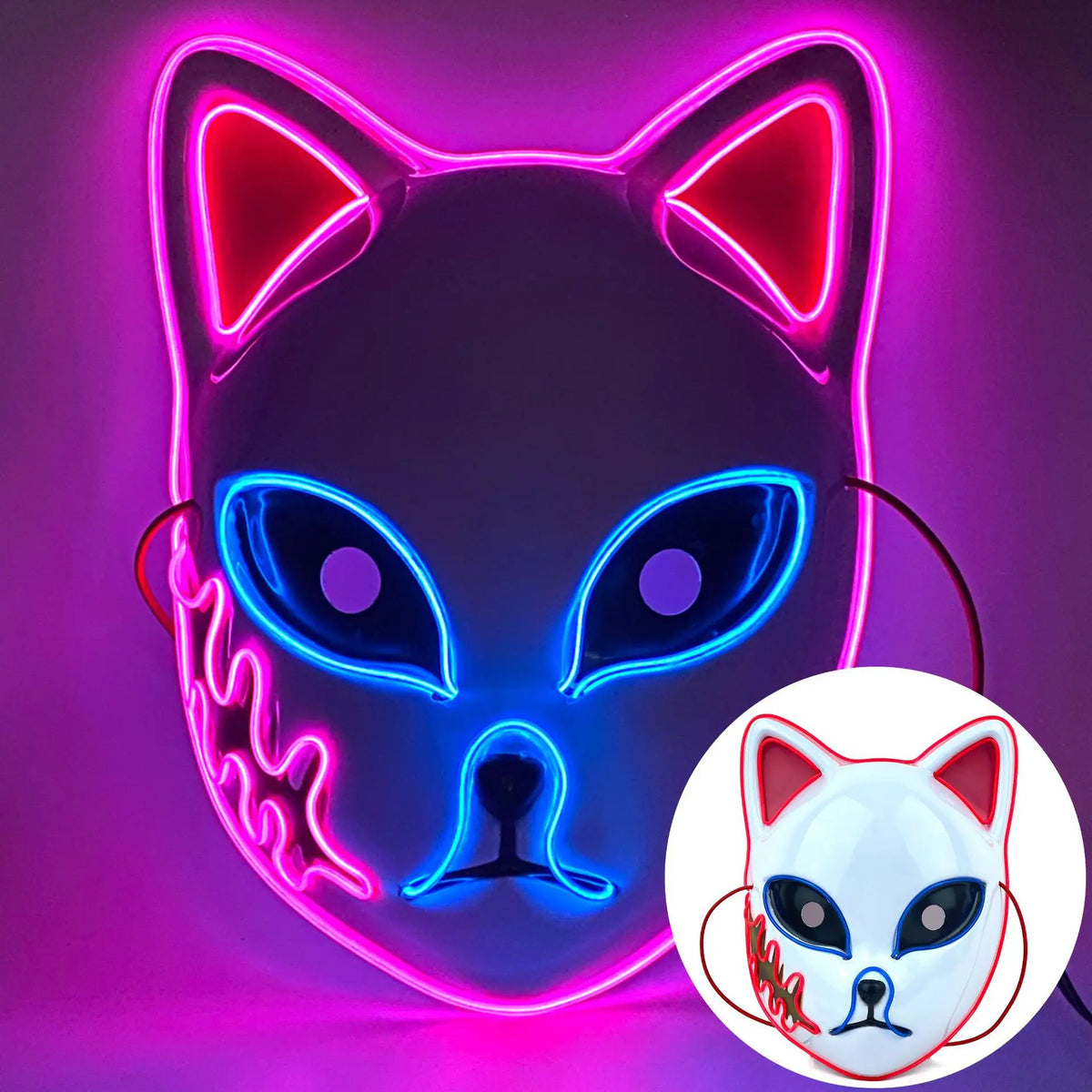 Demon Slayer LED Light-Up Mask – Glowing Anime Cat & Fox Face Cosplay Mask for Halloween, Parties & Costumes