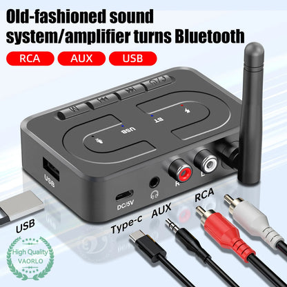 VAORLO Bluetooth 6.0 Audio Receiver – 3.5mm AUX/RCA Wireless Adapter with Mic, USB U-Disk Support for Car, Speaker & Amplifier HiFi Stereo