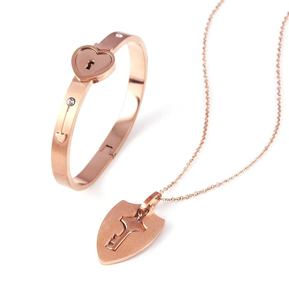 Couple Stainless Steel Love Lock Bracelet & Key Pendant Necklace – Romantic Jewelry Gift for Men and Women