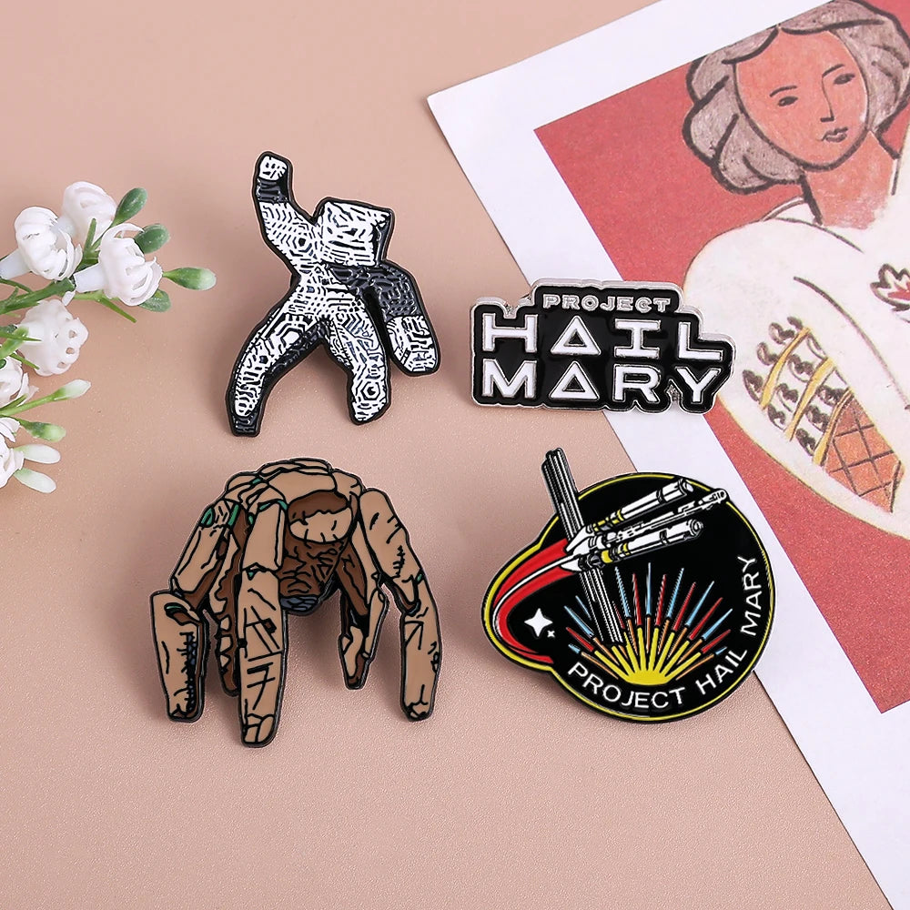 Project Hail Mary 4-Piece Enamel Pin Set - Sci-Fi Book and Movie Collectible Badges Featuring Rocky and Grace's Sculpture