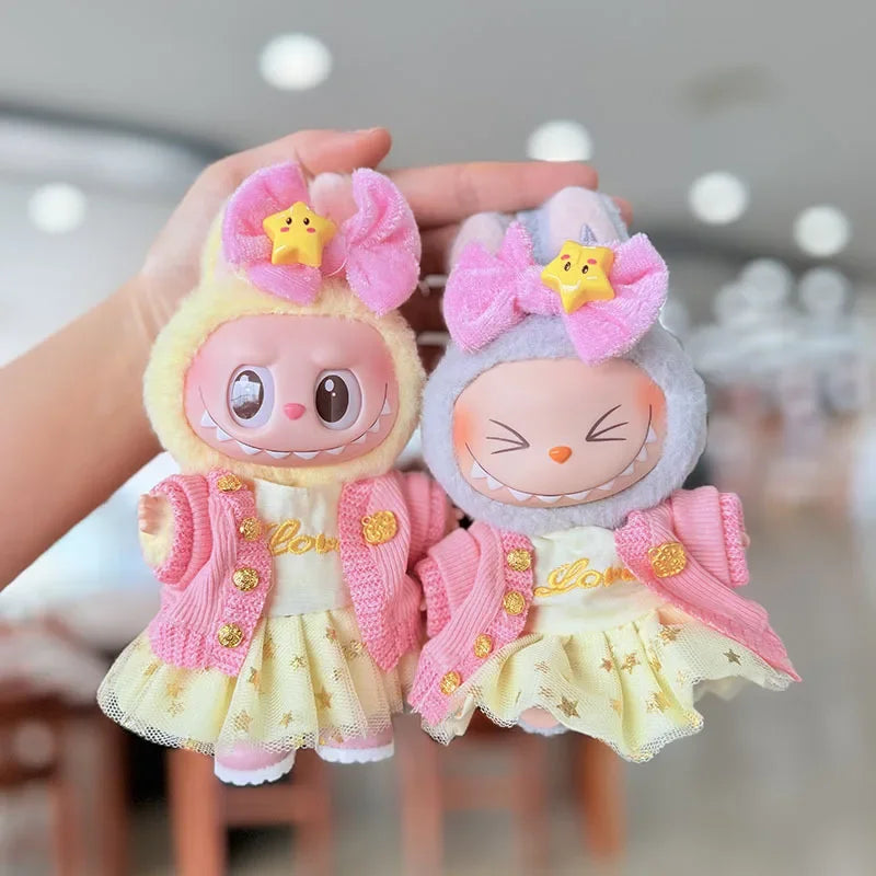 17cm Labubu Doll Clothes — Macaron Outfit Set with Hair Accessories | Cute DIY Gift for Kids