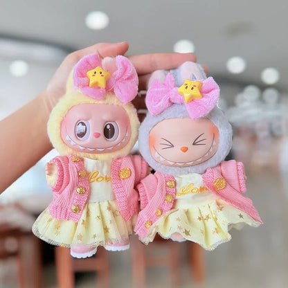 17cm Labubu Doll Clothes — Macaron Outfit Set with Hair Accessories | Cute DIY Gift for Kids