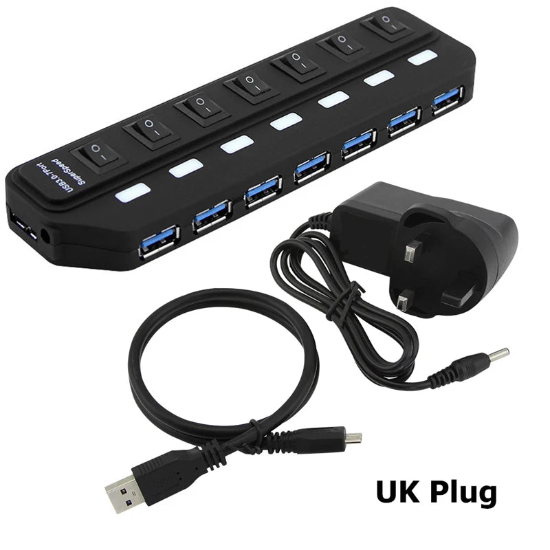 7-Port USB 3.0 Hub - High Speed 5Gbps Splitter with Power Switch & Long Cable for Multiple Device Expansion