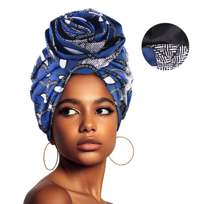 African Satin Lined Turban Cap - Floral Print Big Flower Headwrap Bonnet for Women Muslim Headscarf Beanie Hat