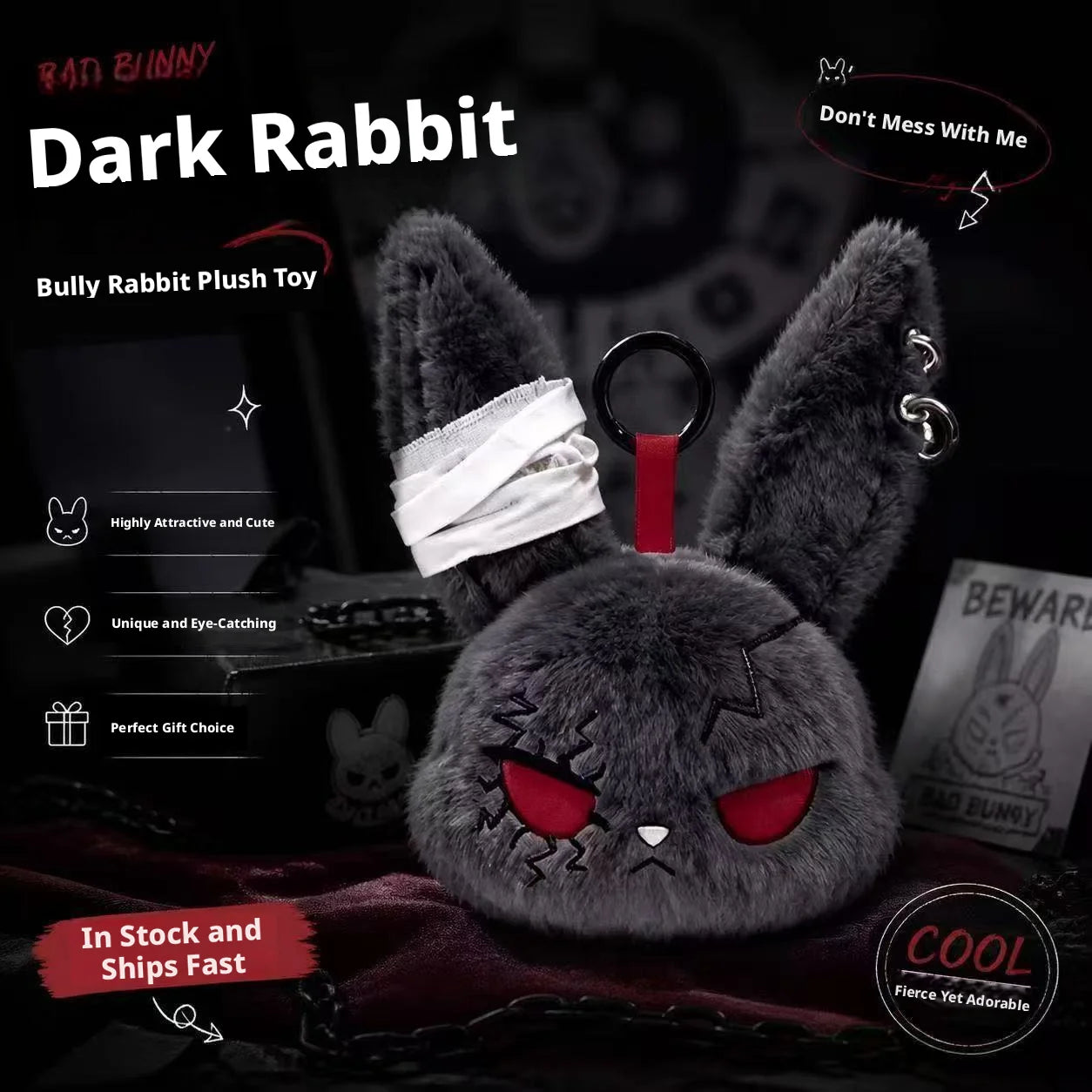 Gothic Bunny Plush Keychain - Kawaii Rabbit Bag Charm Bandage Design Pendant Car Ornament Gift