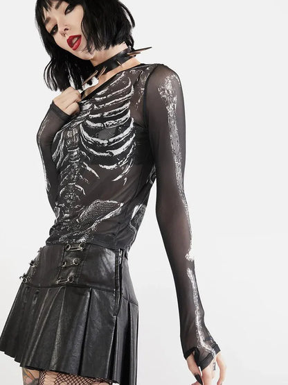 Gothic Punk Shirt for Women – 2000s Skeleton Pattern Round Neck Long Sleeve Crop Top, Black Dark Academia Y2K Streetwear Tee