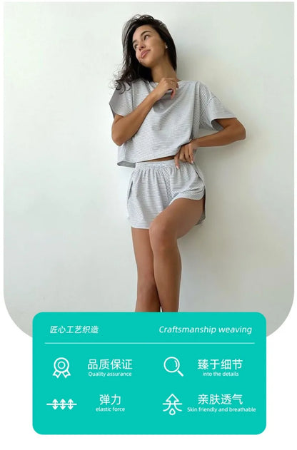 Women's Stripe 2-Piece Pajamas Set – Short Sleeve Top & Shorts Casual Sleepwear