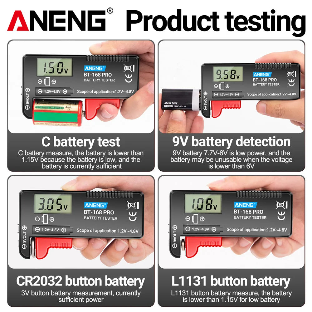 ANENG BT-168 PRO Digital Lithium Battery Capacity Tester - Universal Check for AAA, AA, Button Cells, Load Analyzer Display