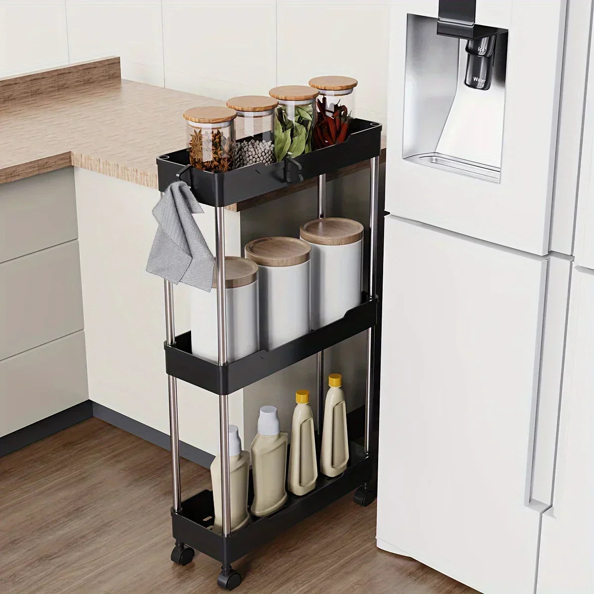 Bathroom Storage Rack with Wheels - 3/4 Layer Rolling Utility Cart & Multi-Purpose Corner Shelf Organizer