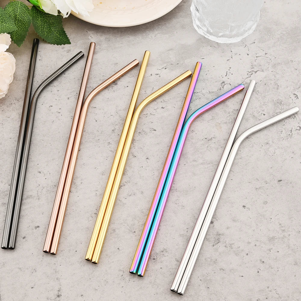 Colorful 304 Stainless Steel Reusable Straws Set — Metal Drinking Straws with Cleaning Brush for Cocktails & Glasses
