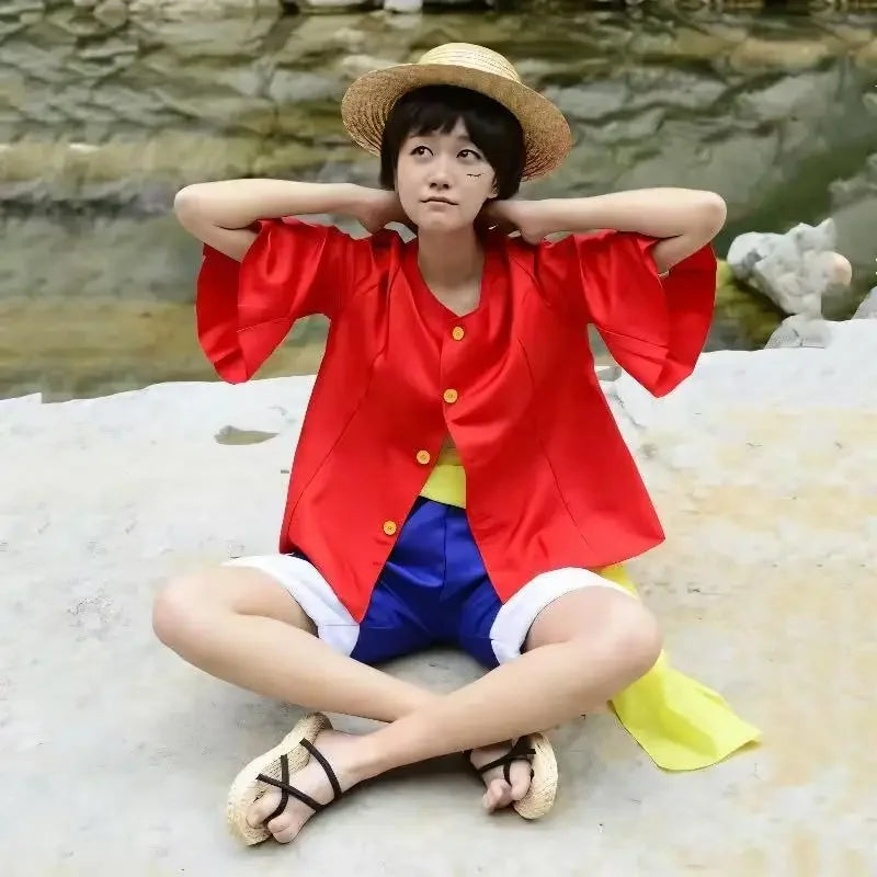 Monkey D. Luffy Halloween Cosplay Costume - Anime Straw Hat Pirate Outfit Set for Boys with Coat, Pants & Belt
