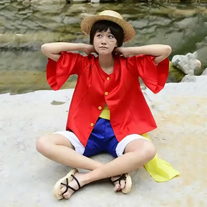 Monkey D. Luffy Halloween Cosplay Costume - Anime Straw Hat Pirate Outfit Set for Boys with Coat, Pants & Belt