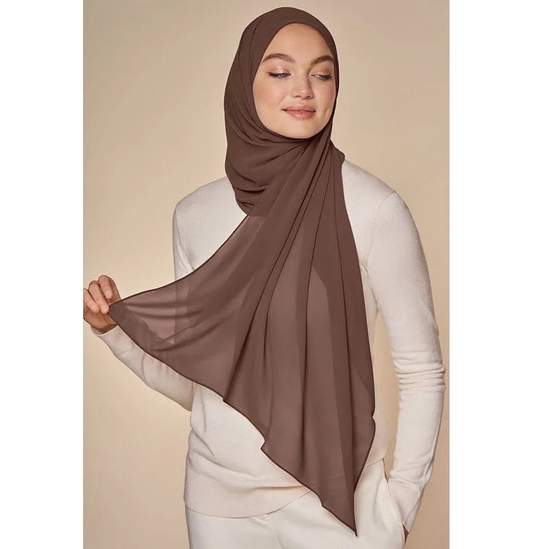 Long Solid Color Chiffon Hijab Scarf for Women - Muslim Head Wrap Ladies Veil Jersey Scarves