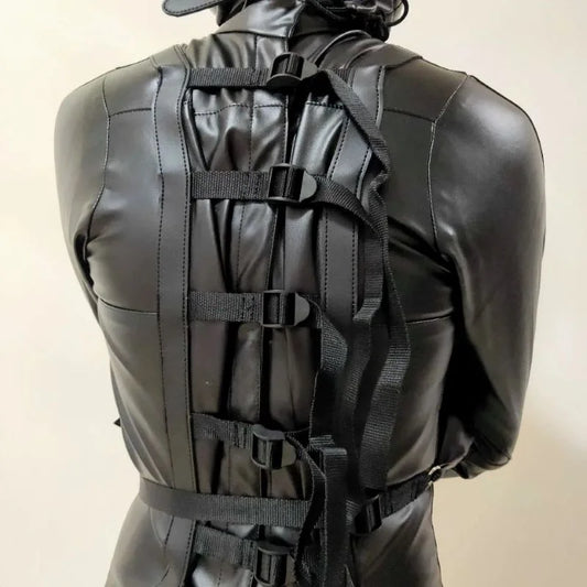 Gothic Faux Leather Restraint Top - Adjustable Buckle Strap Punk Long Sleeve Cosplay Costume Outfit