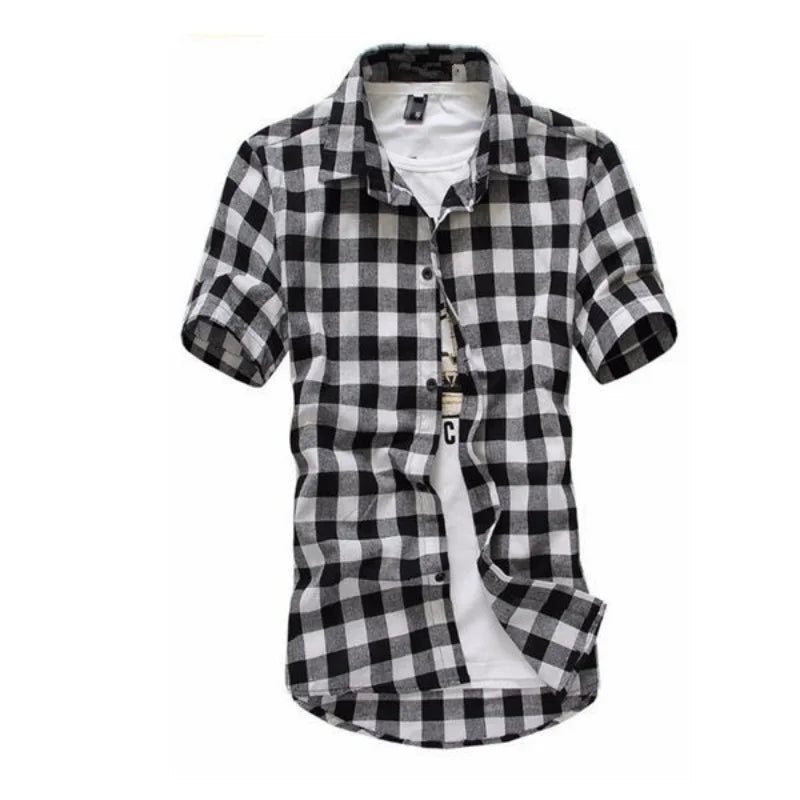 Men’s Red & Black Plaid Shirt - 2026 Summer Short Sleeve Checkered Casual Fashion Top