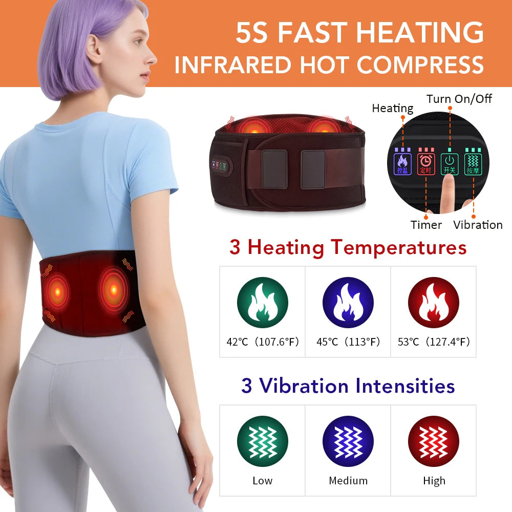 Vibration Lower Back Massager – Portable Waist Support Belt with Heating Pad & Red Light Hot Compress Lumbar Brace