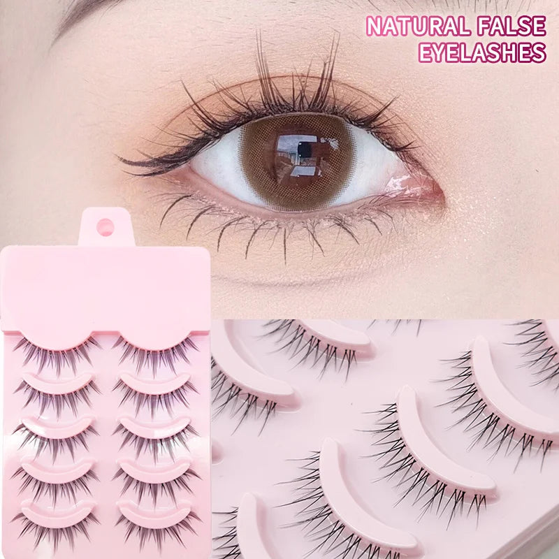 Manga Lashes 5 Pairs – Anime Cosplay Faux Mink Short Full Strip Lashes, Korean Natural Look, Clear Band Soft Eyelash Extensions