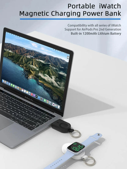 Wireless Power Bank Charger — Compatible with iWatch Series 1–9, SE, Ultra & AirPods Pro 2nd Gen, Easy Plug Recharge