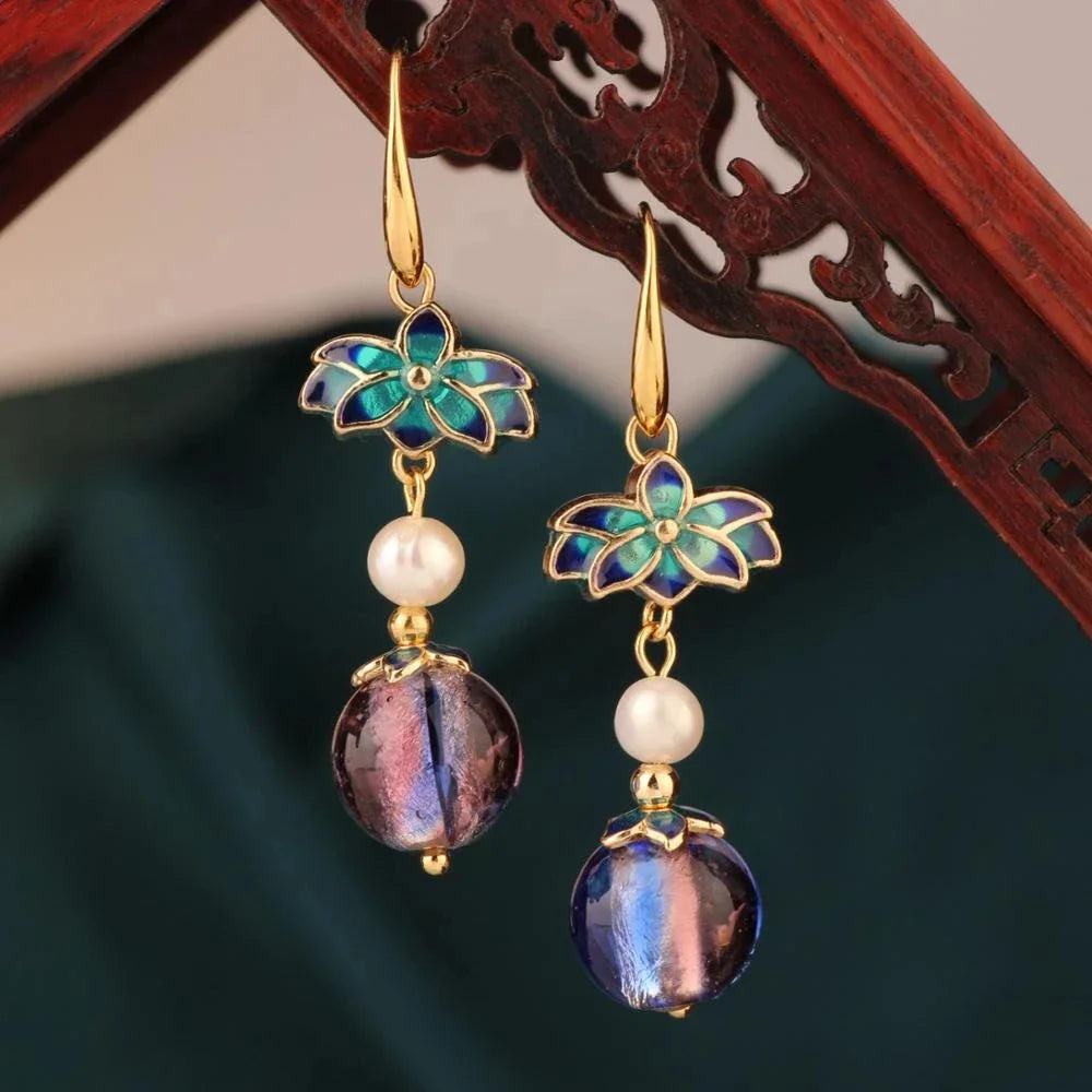 Vintage Flower Drop Earrings - Natural Stone Ethnic Jewelry for Women