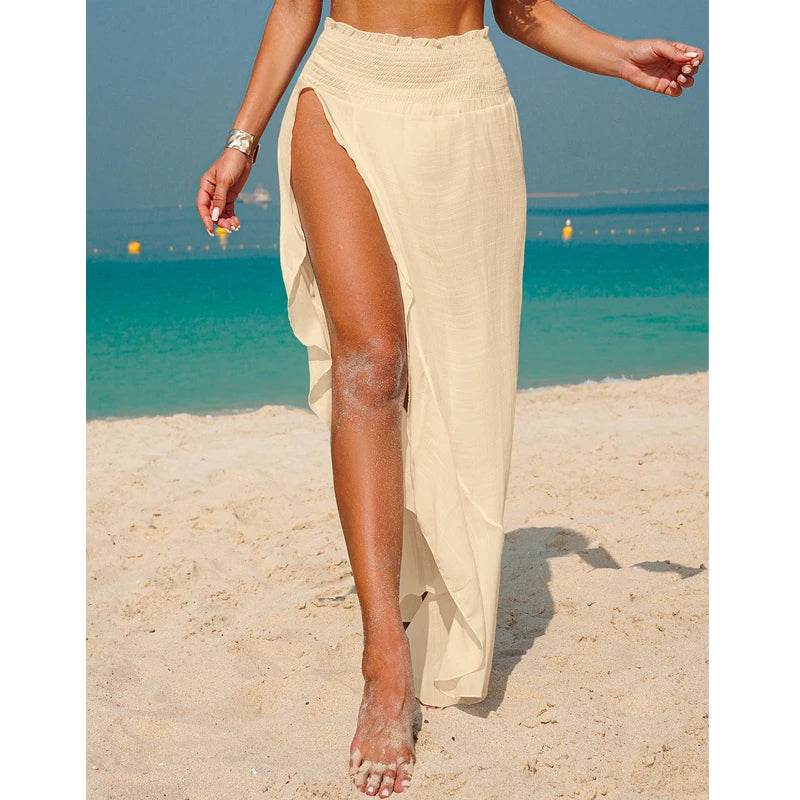 Women’s Irregular Hem Beach Cover-Up Skirt – Solid Color Side Slit Transparent Half Skirt, Casual Vacation Style
